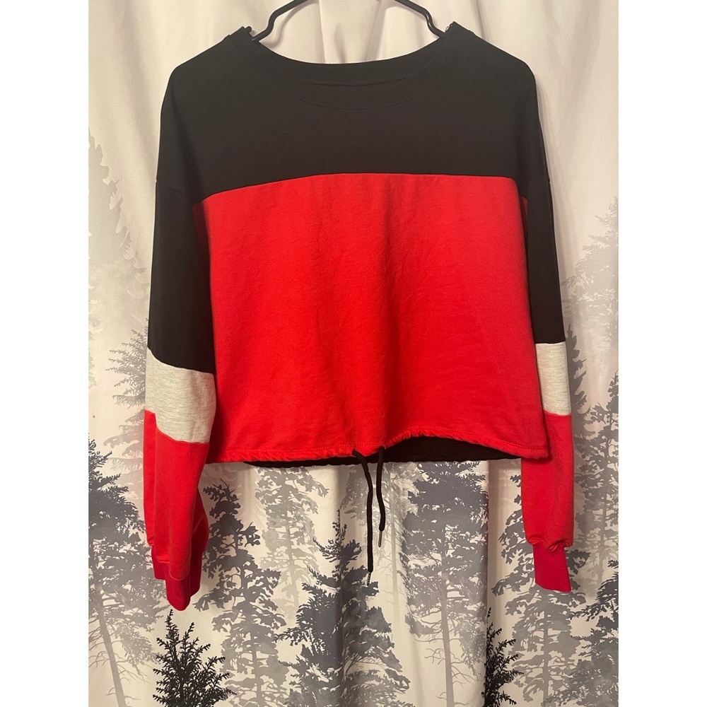 Slightly Cropped Drawstring Color Block Sweater - Picture 2 of 3